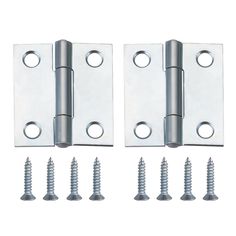 two stainless steel door hinges with screws on each side and one bolt in the middle