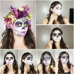 Alien Make-up, Halloween Makeup Sugar Skull, Halloween Make-up Looks, Dead Makeup, Cute Halloween Makeup, Halloween Eye Makeup, Sugar Skull Makeup, Makeup Step By Step, Skull Makeup