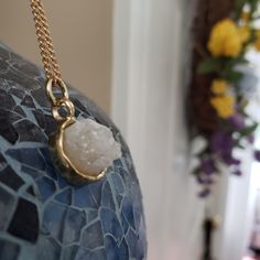 Genuine Druzy Stone Sparkly White Gold Plated Nickel Free Gold Chain 18"/45.7cm In Length - Would Remove Before Swimming/Shower White Spiritual Necklace With Adjustable Chain, White Crystal Necklace With Delicate Chain As Gift, White Crystal Necklace With Delicate Chain For Gifts, Adjustable White Pendant Chain Necklace, White Spiritual Charm Necklace With Round Pendant, Spiritual White Charm Necklace With Round Pendant, White Spiritual Round Pendant Charm Necklace, Necklace White Gold, Necklace White