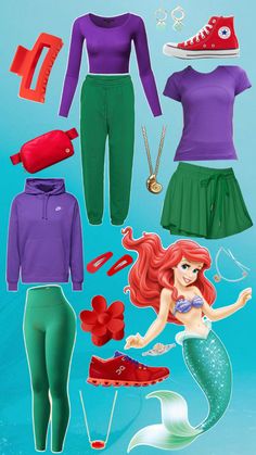 the little mermaid costume is shown in purple and green