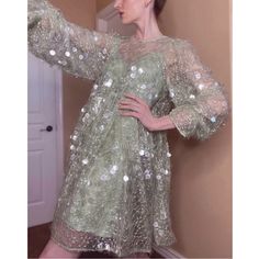 Asos Edition (High End Line) Sea Foam Mint Green Palette Sequin Embroidered Voluminous Oversized Mini Babydoll Smock Dress Tie Back Slip Lining Layered Long Sleeves W/ Flounce Excellent Condition For Reference, I’m 5’9, Sz Xs Note: Subtle Musty Scentprobably Just Needs Aired Out. Spring Knee-length Sequin Mini Dress, Spring Knee-length Embellished Embroidered Dress, Spring Mini Dress With Sequins And Long Sleeves, Spring Embellished Knee-length Embroidered Dress, Spring Sequined Embroidered Dress For Party, Spring Party Dress With Sequins Embroidery, Spring Embroidered Sequin Dress For Party, Spring Party Embroidered Dress With Sequins, Green Floral Embroidered Mini Dress For Party