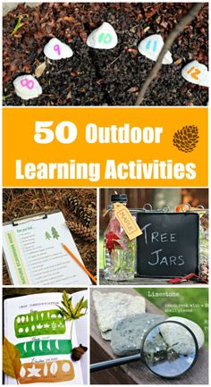 the words 50 outdoor learning activities are shown with pictures of trees, rocks and plants