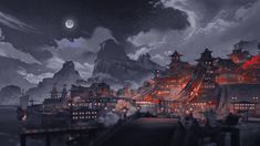 an animated city at night with the moon in the sky