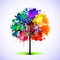 a colorful tree with watercolor splashes on it