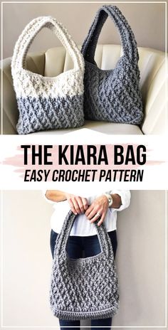 two crocheted purses with the text, the kara bag easy crochet pattern