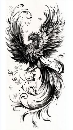 a black and white drawing of a bird with swirls on it's wings