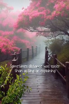 a wooden walkway with pink flowers on it and the words sometimes distance was easier than acting or explaining