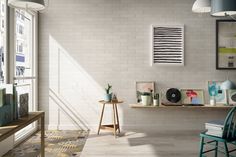 a room with white brick walls and various items on the shelves, including a blue chair