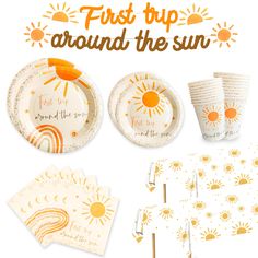 the first trip around the sun paper plates, napkins and cups are on display