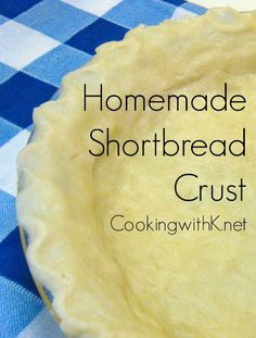 homemade shortbread crust on a blue and white checkered tablecloth with text overlay