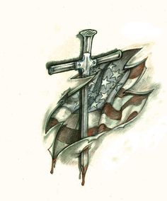 a drawing of a cross with an american flag on it and a knife sticking out of it