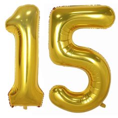 the number fifteen five is made out of gold foil balloons and sits in front of a white background