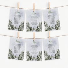 wedding seating cards hanging on clothes pins with pine trees and evergreens in the background