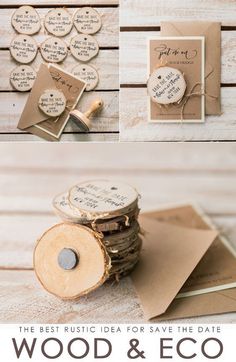 wood and eco save the date cards are on top of each other, with tags attached to them