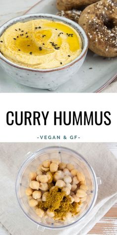 the ingredients for curry hummus are shown in bowls and on plates, along with bagels