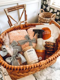 a basket filled with items sitting on top of a counter