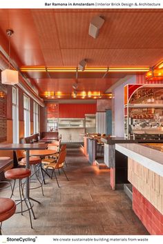 an empty restaurant with tables and stools in front of the counter, looking out onto the street