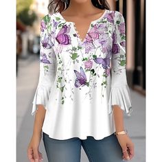 Season:Spring   Fall; Fabric:Polyester; Sleeve Length:3/4 Length Sleeve; Look After Me:Wet and Dry Cleaning,Washable,Machine wash; Gender:Women's; Theme:Floral; Style:Fashion; Elasticity:Micro-elastic; Tops Type:Shirt,Blouse; Occasion:Holiday,Casual; Details:Without Lining; Top Length:Regular; Fit Type:Regular Fit; Pattern:Floral; Design:Print,Button; Neckline:Round Neck; Front page:FF; Listing Date:09/12/2023; Production mode:External procurement; Clothing Length:; Bust:; Length:; Sleeve:; Fit Floral Print Shirt With 3/4 Sleeve For Spring, Chic Floral Print Top With 3/4 Sleeves, Button Shirt Women, Pink Floral Print Tops With 3/4 Sleeves, Multicolor V-neck Peasant Top With Floral Print, Spring Long-sleeve Tops With Butterfly Print, Flared Sleeves Top, Pattern Floral, Butterflies