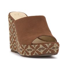 Jessica Simpson-Shantelle Wedge Mule Bring a distinctive charm to your dressy look with the Shantelle wedge mule from Jessica Simpson. This classic slip-on features a bold suede upper, square open toe and a chic wedge heel adorned with multi-tone beads in geometric pattern. Jessica Simpson Style, Wedge Slides, Wedge Mules, Mens Trends, Jessica Simpson Shoes, Platform Wedge Sandals, Platform Wedge, Jewelry Rings Engagement, Platform Wedges