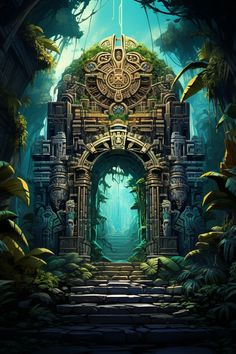 an image of a fantasy gate in the middle of a forest with stairs leading up to it