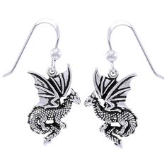 Crafted of the finest .925 Sterling Silver, these earrings showcase remarkable craftsmanship and detail. Each earring features a flying dragon with great attention given to his scaled body and his magnificent wings. These highly polished earrings dangle from sterling silver hook findings. Make a bold fashion statement with a pair of these flying dragon earrings. Peter Stonecopy; Jewelry Designs are exclusive and protected by Copyright Laws. Metal: .925 Sterling Silver; Finish: High Polish Approx Stone Jewellery Designs, Flying Dragon, Dragon Earrings, Silver Dragon, Sterling Silver Dangle Earrings, Silver Earrings Dangle, Fine Jewellery Earrings, 925 Sterling Silver Earrings, Earrings Silver