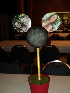 a table topped with a potted plant and two mickey mouse heads on top of it