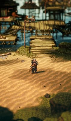 a video game scene with a person on a motorcycle in the foreground and a pier in the background