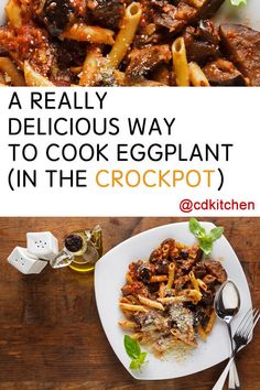 an image of a plate of food with the words, a really delicious way to cook eggplant in the crockpot