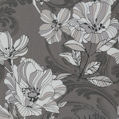 a floral wallpaper with grey and white flowers