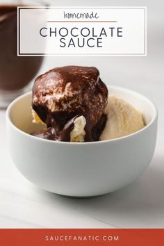 chocolate sauce in a white bowl with ice cream on top and an orange border around it