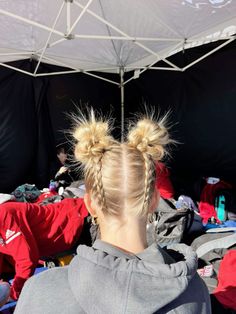 space buns, messy buns, buns, two buns, track hairstyle, sports hairstyle, athletic hair, dutch braids, long hairstyles, short hairstyles, braids, hairstyles, hair inspo, volleyball hairstyle, soccer hairstyle, basketball hairstyle Volleyball Hairstyles Space Buns, Sport Braid Hairstyles, Sporty Braided Hairstyles For Short Hair, Cute Hair Ideas For Sports, Hairstyles For Playing Sports, Hair Inspo For Volleyball, Sports Hair For Short Hair, Messy Double Braids