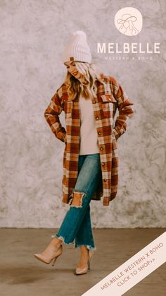 The Melbelle Rust, Cream, and Brown Plaid Long Flannel Shirt will elevate your outfit this autumn. Blending rustic appeal with a touch of sophistication, this flannel shacket will be an adaptable addition to your wardrobe. Wear it with jeans for a relaxed, western-inspired look, or wear over a long dress to add a pop of colour. Embrace Western fashion with a modern take while still exuding timeless appeal. Long Flannel Shirt, Long Flannel, Flannel Shacket, Brown Plaid, Western Shirt