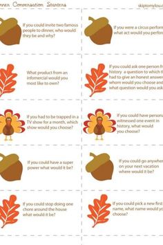 four thanksgiving cards with turkeys, leaves and question marks on the front side of each card