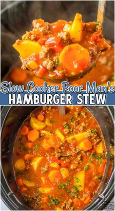 slow cooker pork man's hamburger stew in a crock pot with a spoon