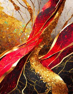 an abstract painting with gold and red paint on it's surface, in the shape of a tree