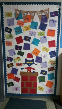 a bulletin board is decorated with colorful papers