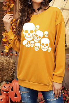 Ghosts Halloween Print Drop Shoulder Sweatshirt Oversized Skull Print T-shirt For Fall, Winter Oversized Skull Print Tops, Fall Streetwear Top With Skull Print, Casual Skull Print Top For Fall, Yellow Long Sleeve Sweatshirt For Fall, Long Sleeve Tops With Skull Print, Spooky Orange Long Sleeve Tops, Casual Long Sleeve Halloween T-shirt, Orange Long Sleeve Spooky Top