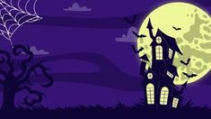 a spooky house with bats in front of a full moon and spider web