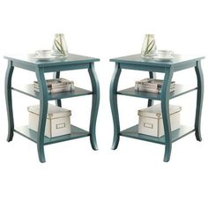 pair of end tables with glass top in blue finish, set of two side by side