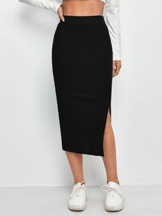 Black Casual Collar  Cotton Plain Pencil Embellished Slight Stretch Spring/Summer/Fall Women Bottoms Pu Leather Skirt, Bodycon Midi Skirt, Knit Pencil Skirt, Split Skirt, Womens Pencil Skirts, Skirt Midi, Skirt Mini, Hem Skirt, Body Con Skirt