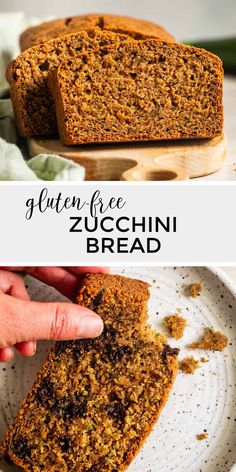 gluen free zucchini bread on a white plate with text overlay