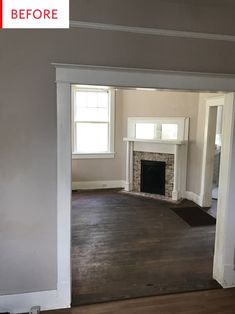 an empty living room with wood floors and a fireplace in the corner, before and after remodeling