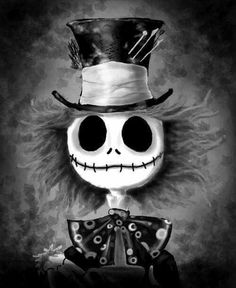 a black and white photo of a skeleton wearing a top hat with feathers on it