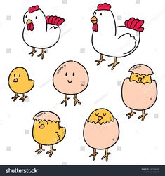 cartoon chickens and chicks with different expressions on white background stock photo, royalty image and royalty