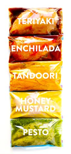 four bags of food are stacked on top of each other with the words, enchilada tandoori honey mustard pesto