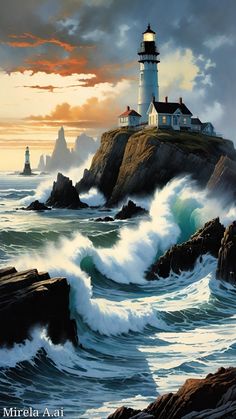 a painting of a lighthouse on top of a rock in the ocean with waves crashing around it