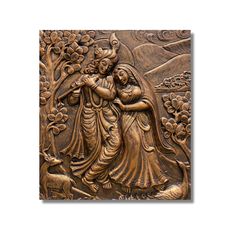 an intricately carved wooden plaque depicting two women and a dog in the woods, with flowers