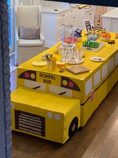 a school bus table with food on it