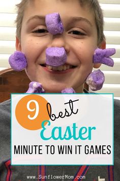 a young boy with his face covered in purple marshmallows and the words 9 best easter minute to win it games