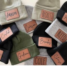 These Kids Beanie/Boggins w/ Personalized Patch and gloves are so cute on the littles ones. Patches are leatherette material that feels like soft leather and are laser engraved with the name of your choice. Great gift for family and friends or just for your own kiddos!  Choose from a variety of colors and fonts. Please see picture of fonts to be chosen and include the name on the beanie that features the font of your choice. We also carry infant sizes upon request. Toddler Hats Boy, Diy Laser Engraver, Glowforge Ideas, Orange Beanie, Patch Beanie, Boys Beanie, Laser Engraved Ideas, Girl Beanie, Black Patch